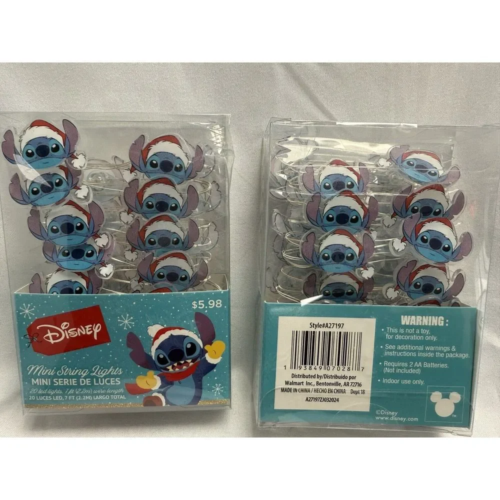 Pair 2 Disney Santa Stitch Mini String Lights 20 LED Silver Wire Battery Powered